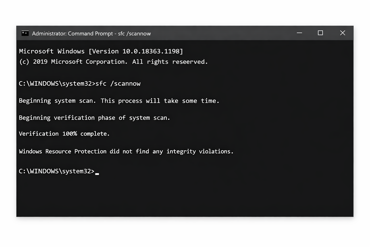 Windows Administrator command prompt window showing sfc scannow command running with output