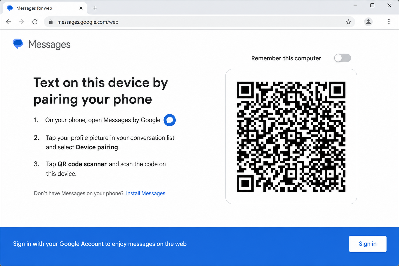 Google Messages for Web landing page showing QR code pairing screen