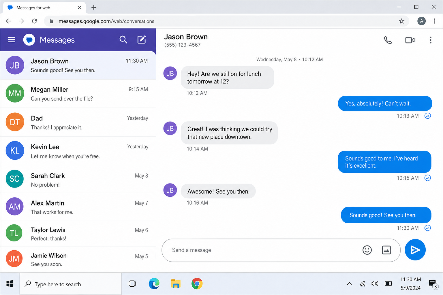 Google Messages for Web showing open conversation thread with message compose box