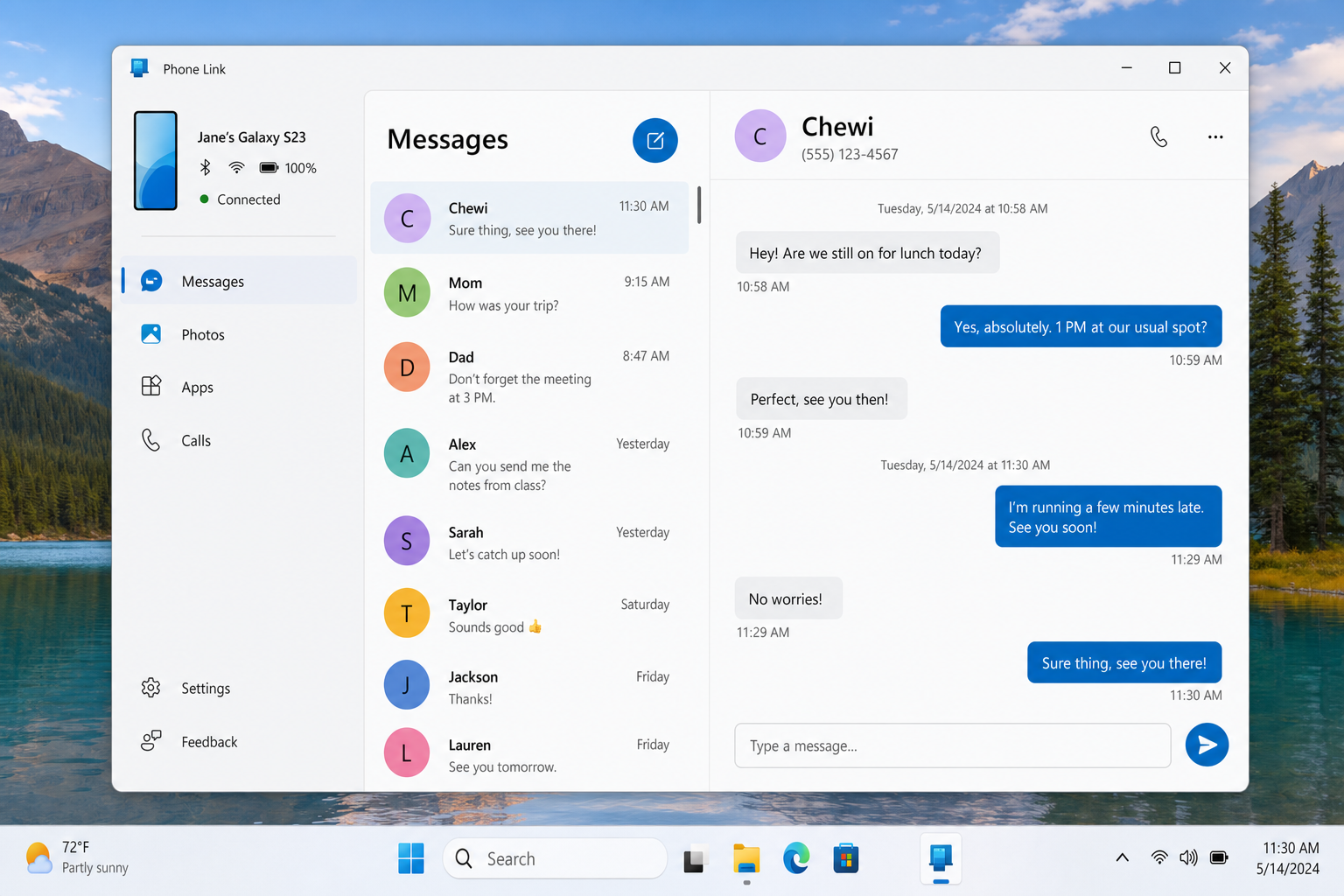 Microsoft Phone Link app showing Messages tab with new message compose window open