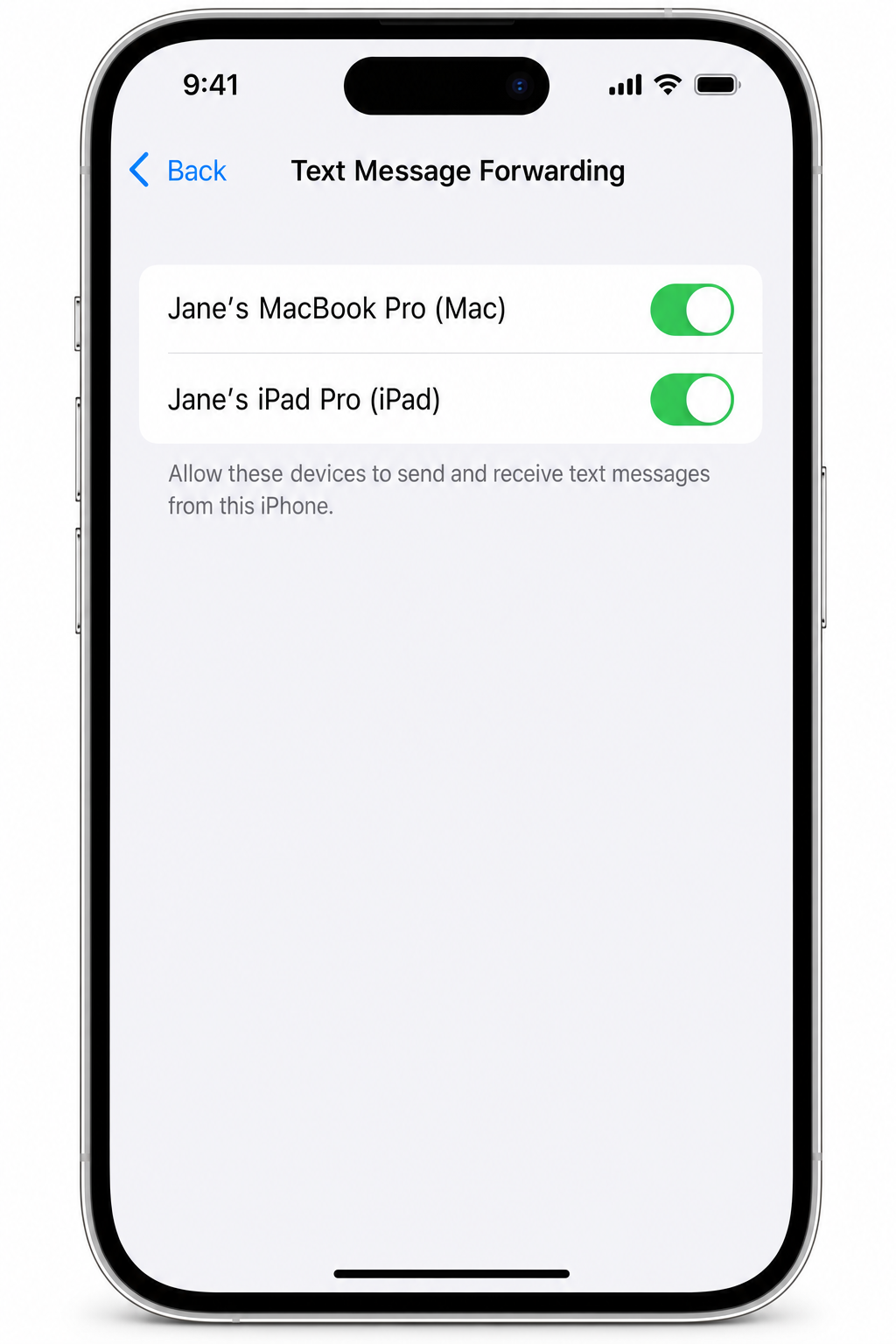 iPhone Settings > Messages > Text Message Forwarding screen with Mac device toggle enabled