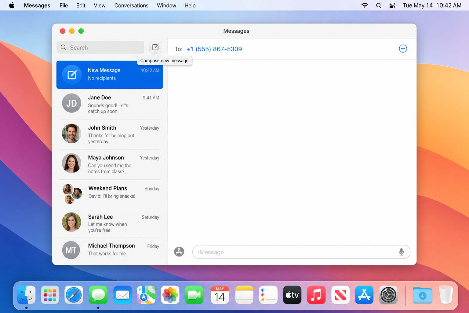 macOS Messages app showing new message compose window with phone number entered