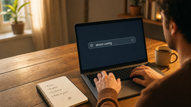 Person typing on a laptop at a wooden table with an 'about:config' address bar on screen, a notebook and coffee mug nearby. - 6-great-firefox-aboutconfig-tweaks-featured