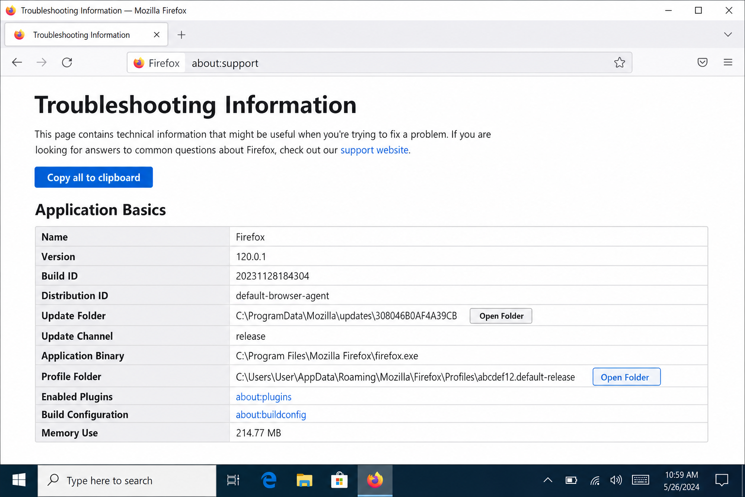 Firefox address bar with about:support typed in, Troubleshooting Information page loaded showing Application Basics section