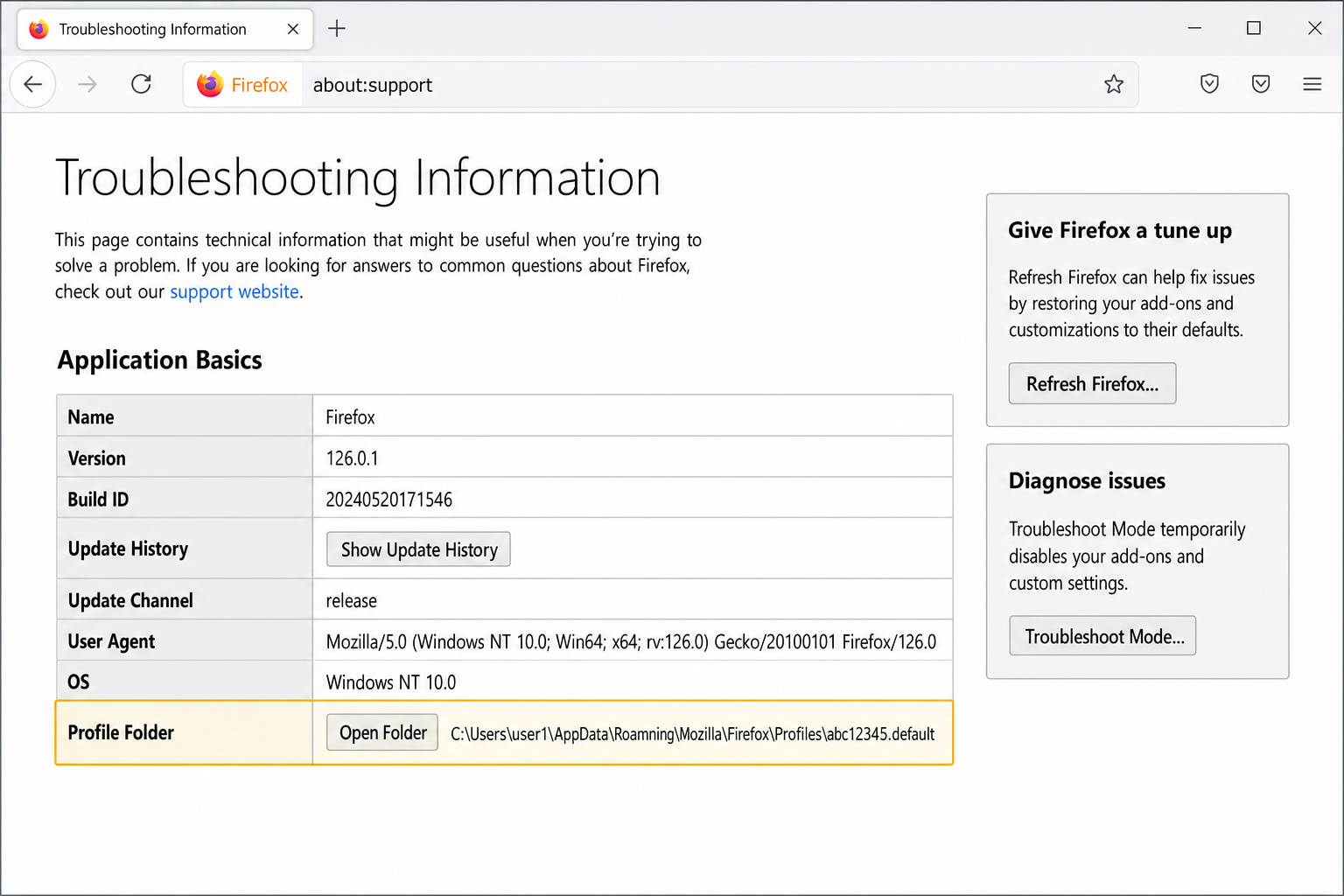 Firefox Troubleshooting Information page showing Profile Folder row with Open Folder button highlighted