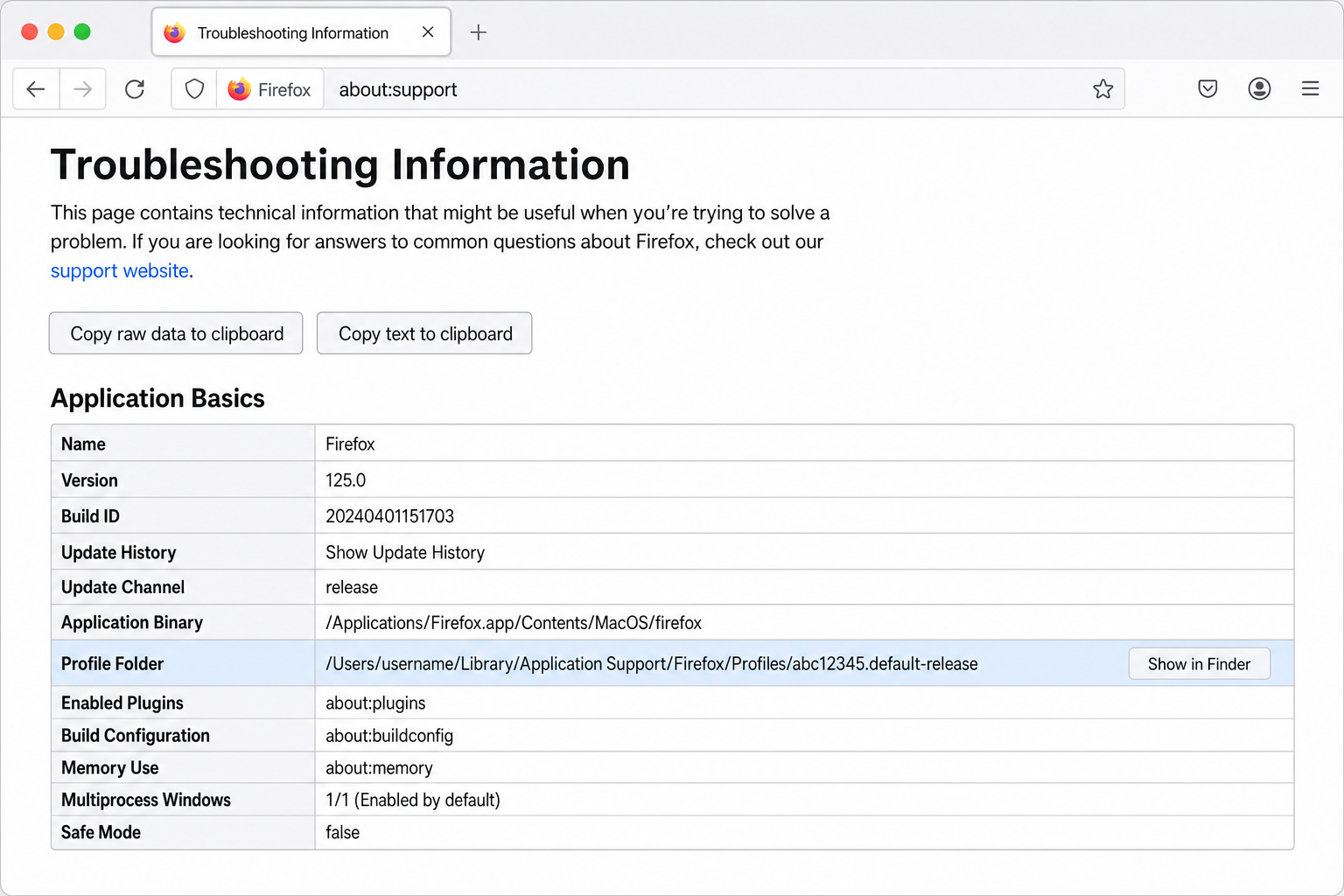 Firefox Troubleshooting Information page showing Profile Folder row with Show in Finder button highlighted