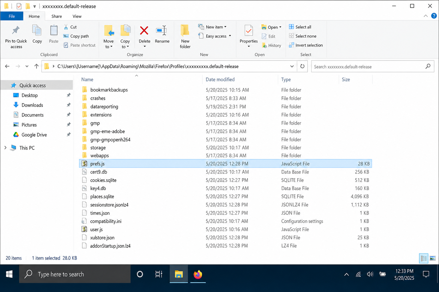 Windows File Explorer showing Firefox profile folder contents with prefs.js file highlighted