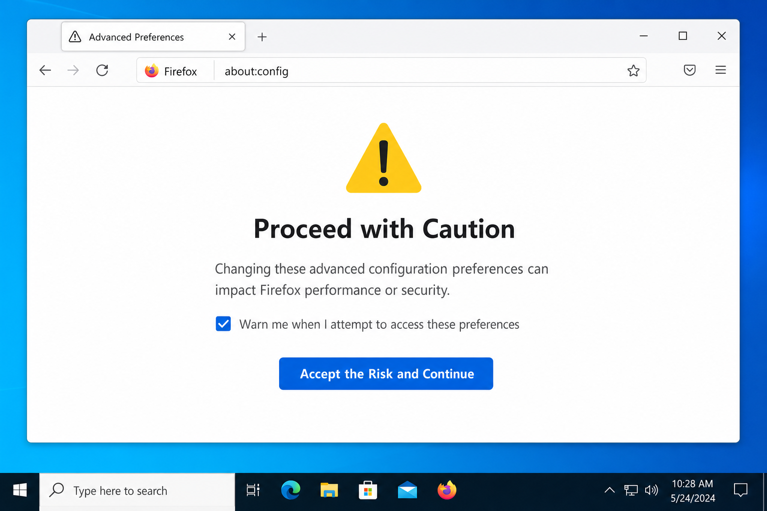 Firefox about:config warning page with "Accept the Risk and Continue" button visible