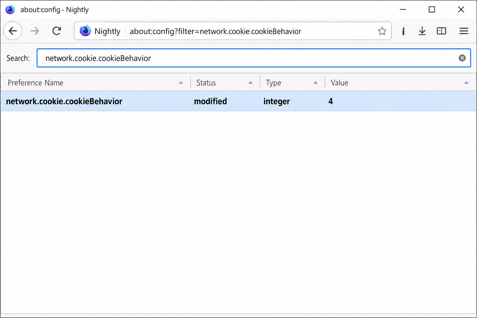 Firefox about:config search bar with a preference name typed in and matching result highlighted below
