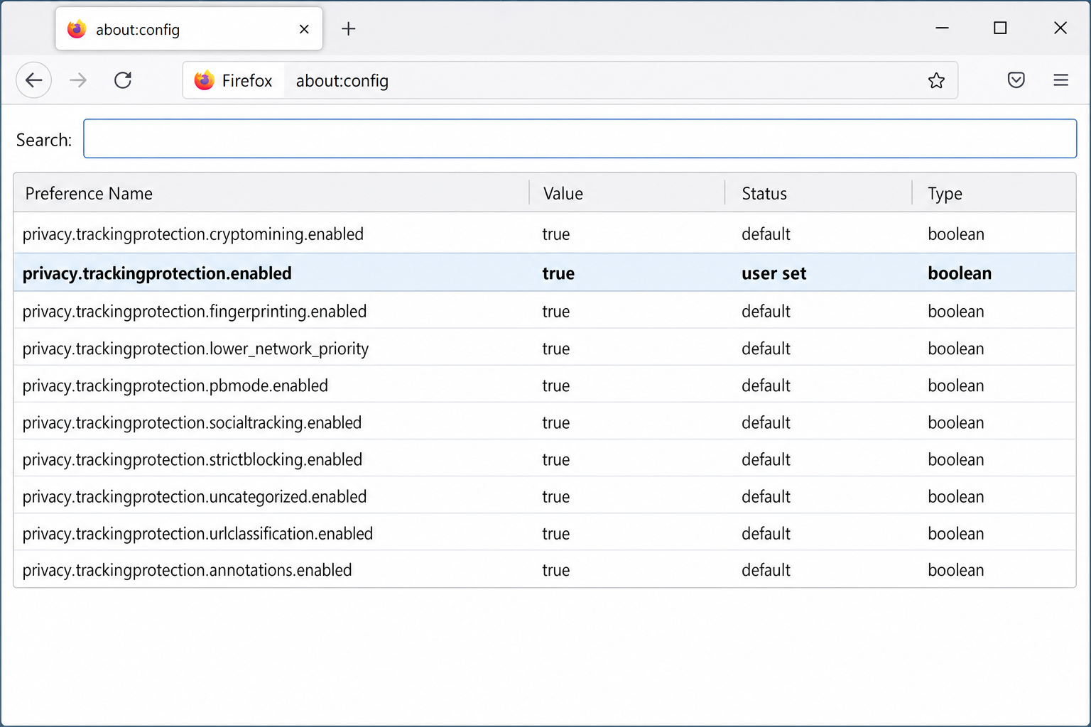 Firefox about:config showing privacy.trackingprotection.enabled set to true with user set status