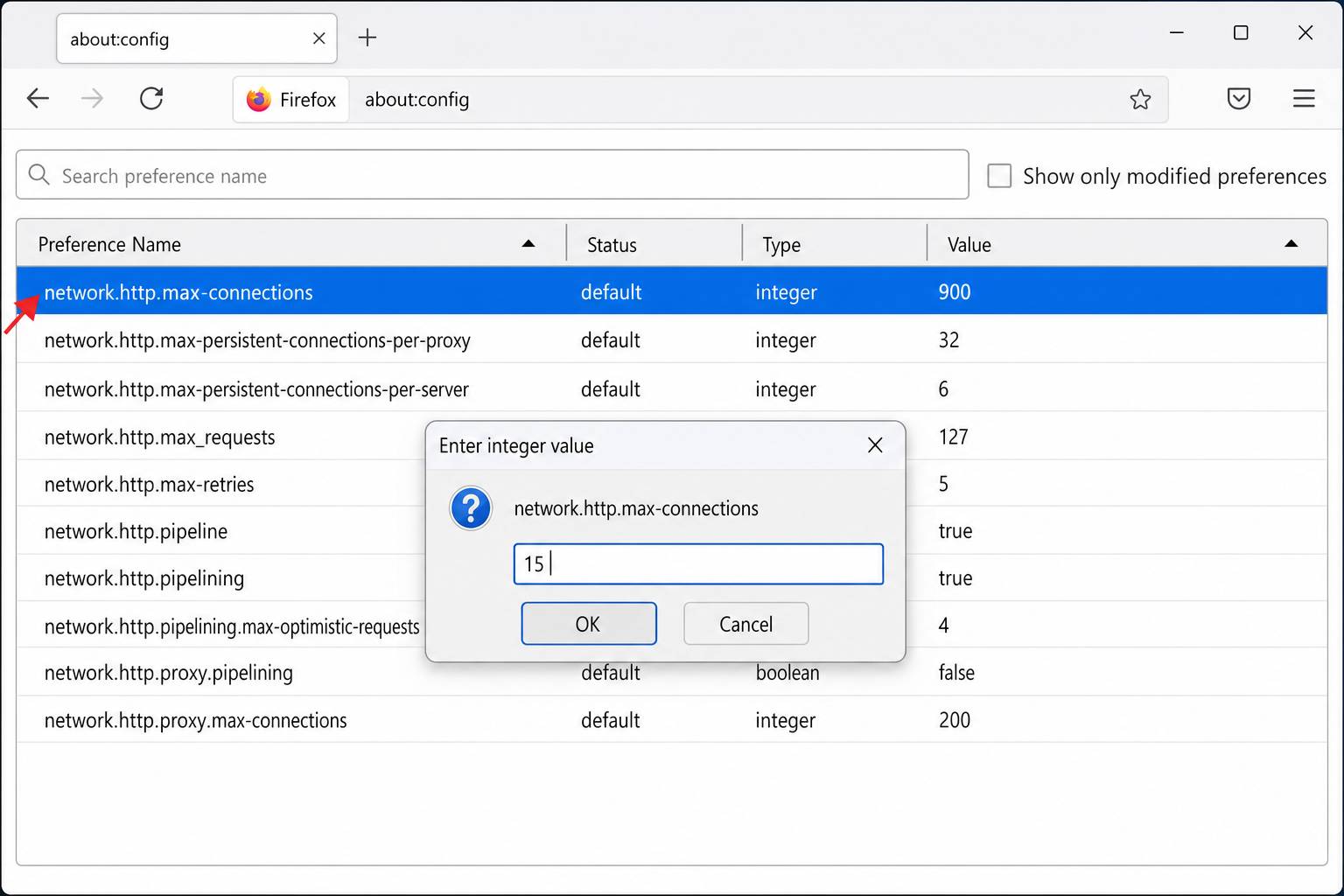 Firefox about:config showing network.http.max-connections preference with value being edited