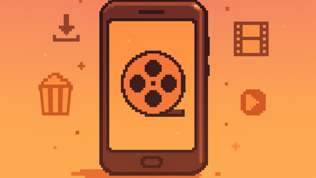Retro pixel-art smartphone showing a film reel icon on its screen, surrounded by download and media icons on an orange background.