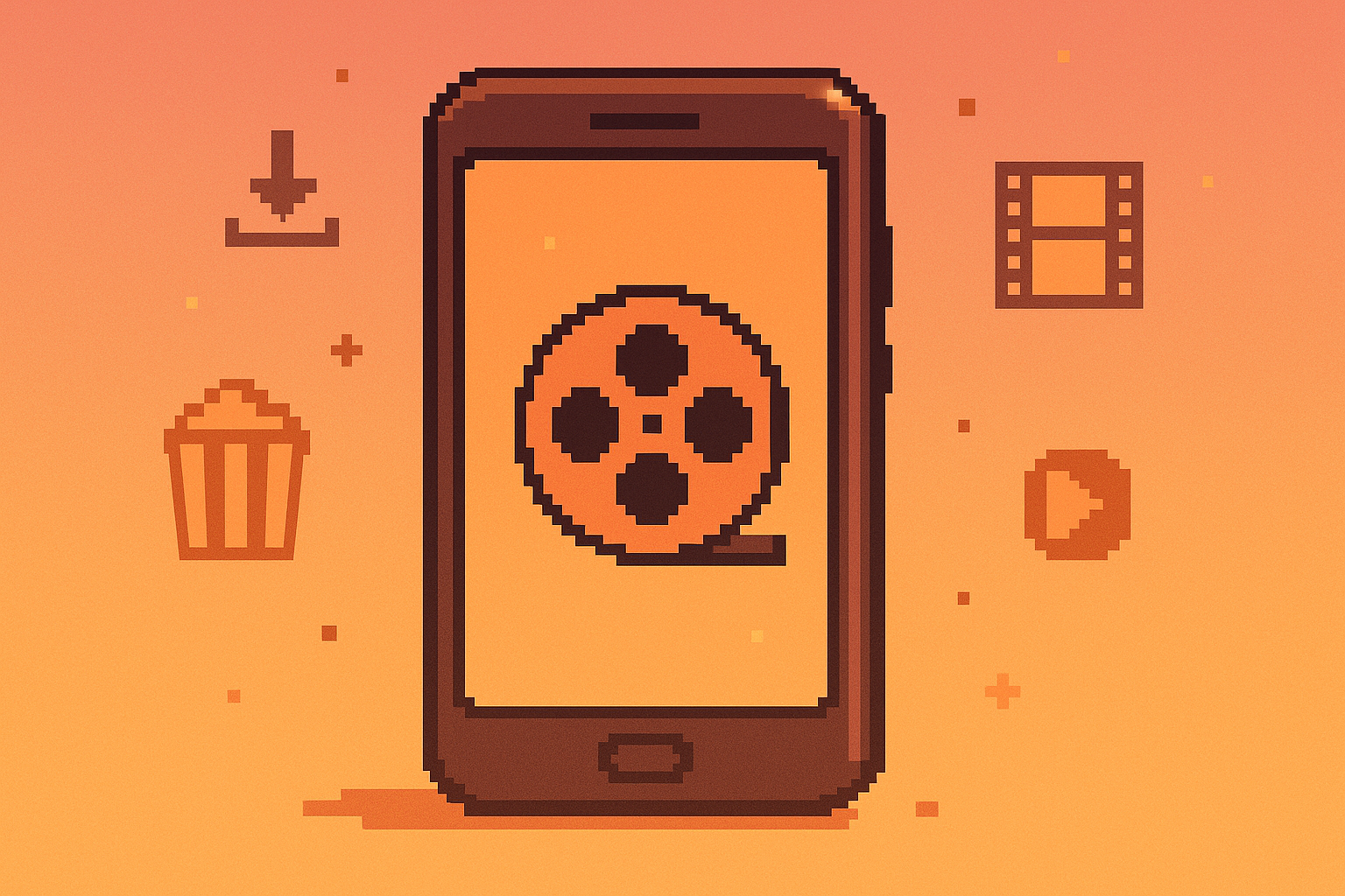 Retro pixel-art smartphone showing a film reel icon on its screen, surrounded by download and media icons on an orange background. - featured-1