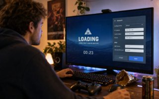 Man gaming at a desk; monitor shows a loading screen with a network configuration panel on the right.