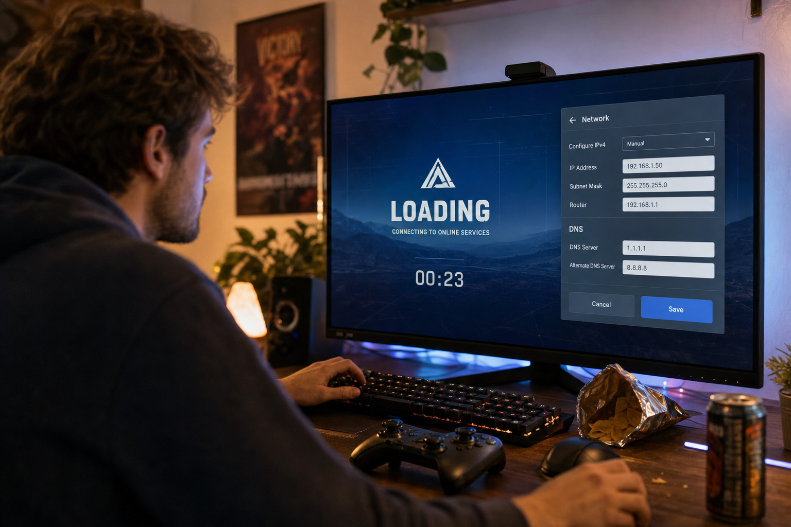 Man gaming at a desk; monitor shows a loading screen with a network configuration panel on the right. - featured-2