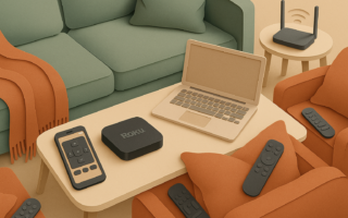 Living room scene with a Roku streaming box on a coffee table, surrounded by remotes, a laptop, and a sofa with throws.
