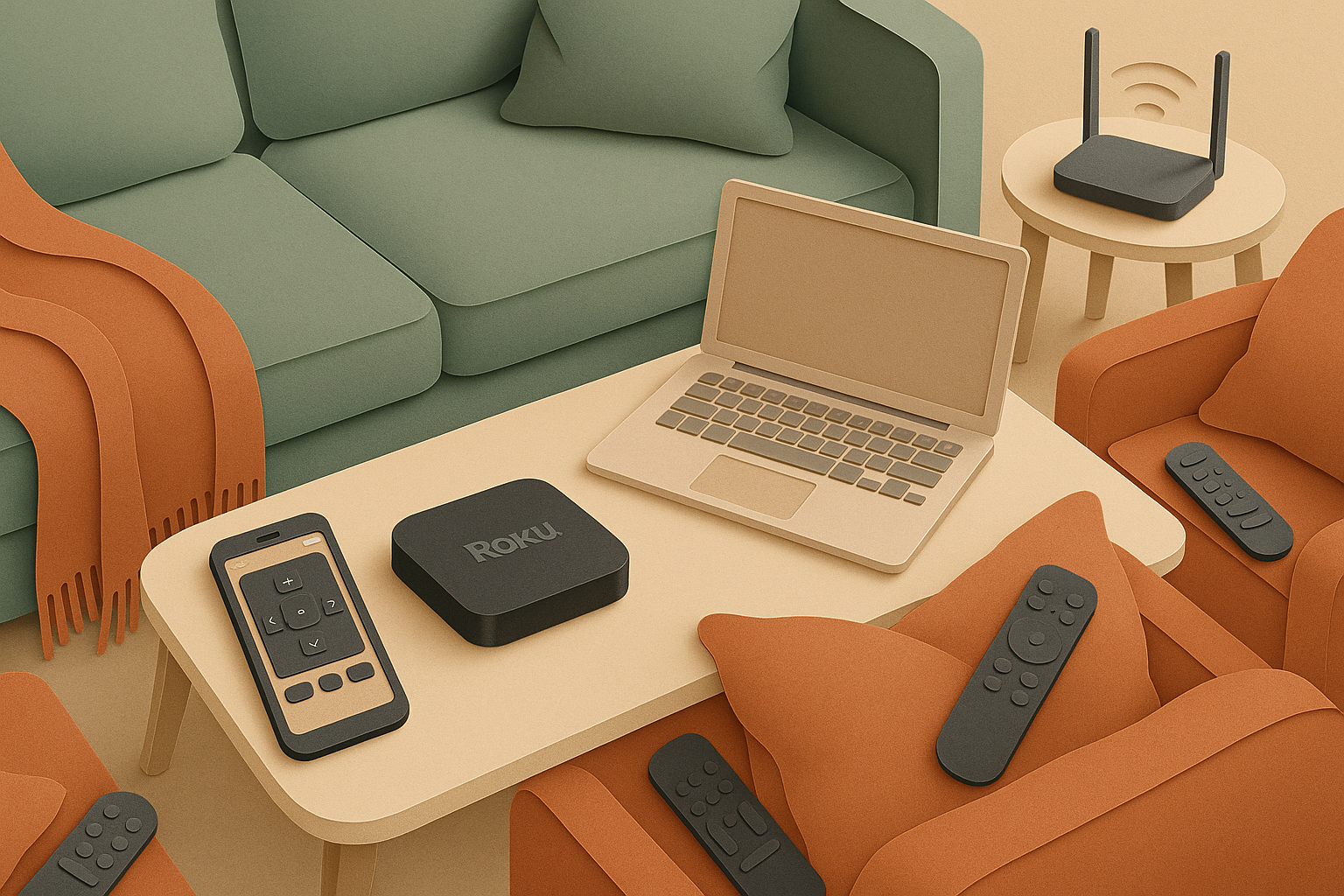 Living room scene with a Roku streaming box on a coffee table, surrounded by remotes, a laptop, and a sofa with throws. - featured
