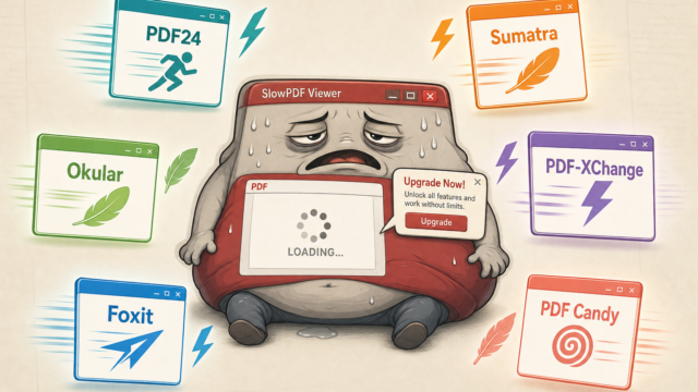 A sad SlowPDF Viewer in the center, sweating, surrounded by colorful rival PDF program windows (PDF24, Sumatra, Okular, PDF-XChange, Foxit, PDF Candy).