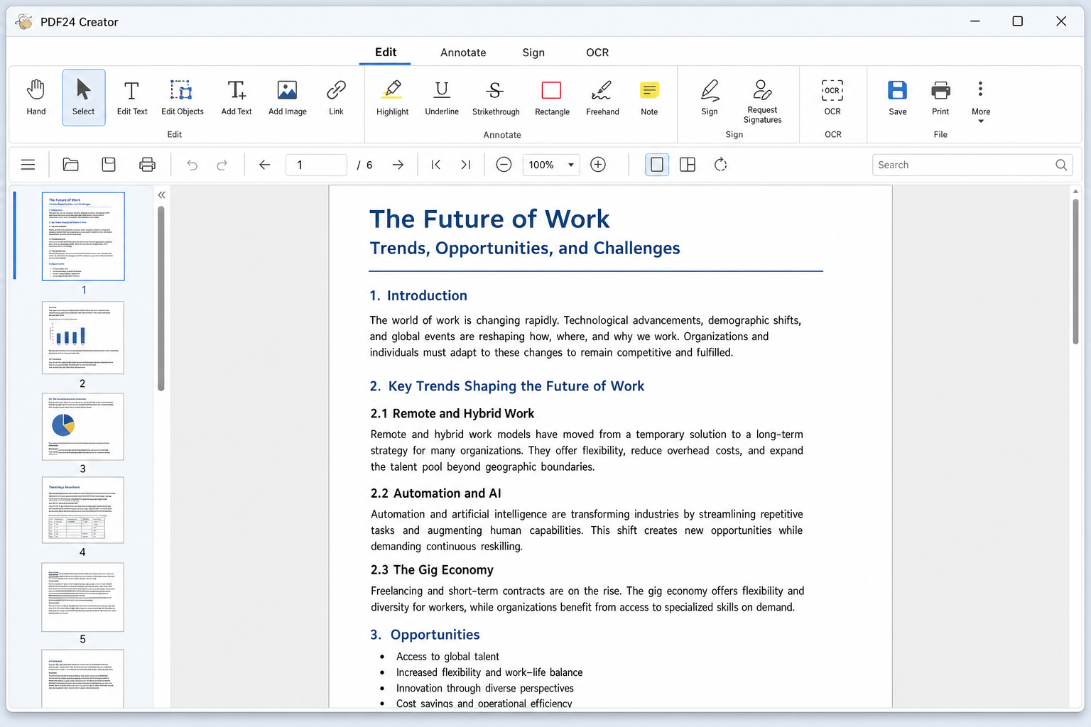 PDF24 Creator main interface showing an open PDF with the top ribbon displaying Edit, Annotate, Sign, and OCR tabs, and a left sidebar with page thumbnails