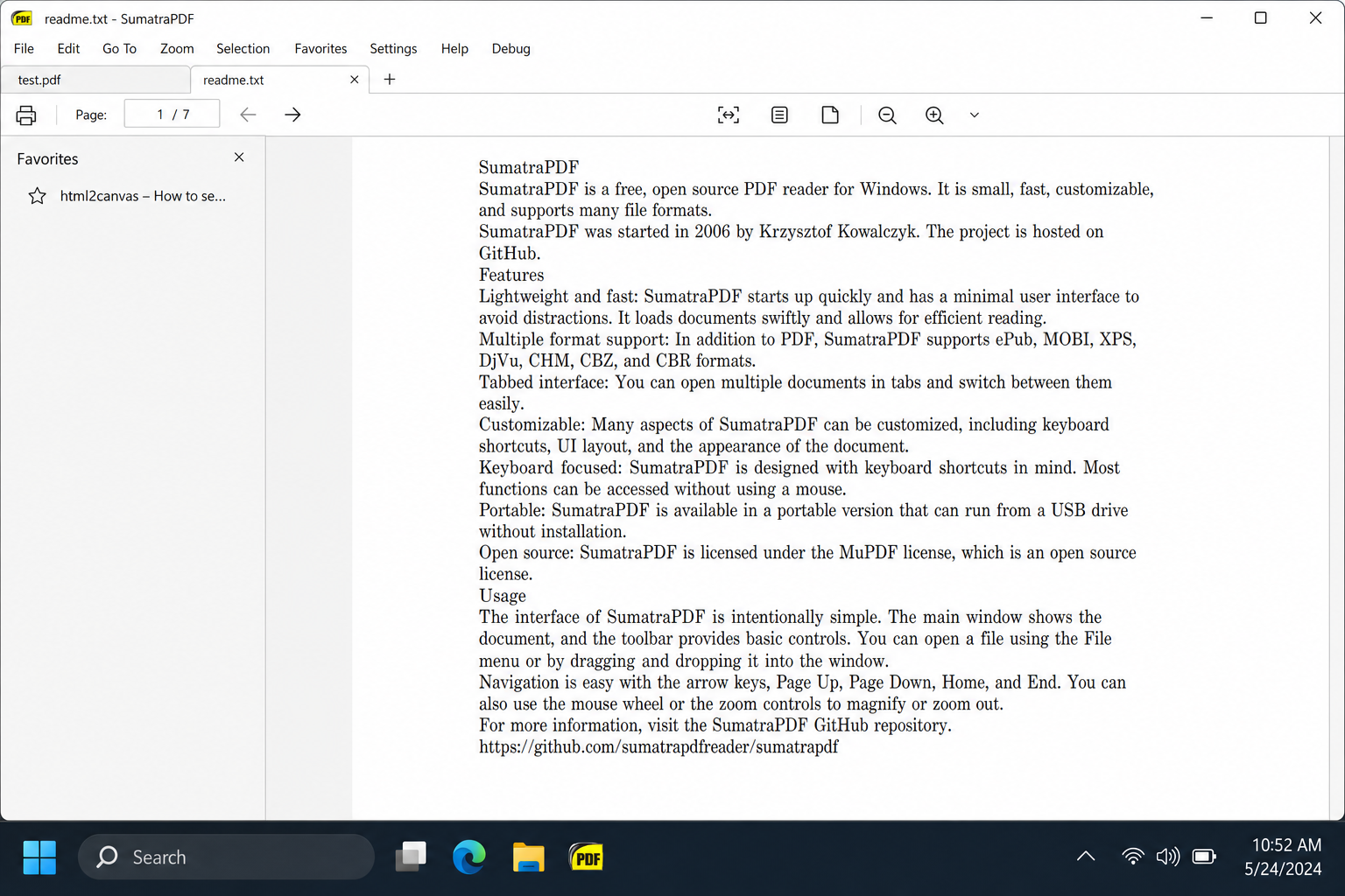 SumatraPDF showing a PDF open in its minimal interface with no toolbars, just the document and a slim top menu bar