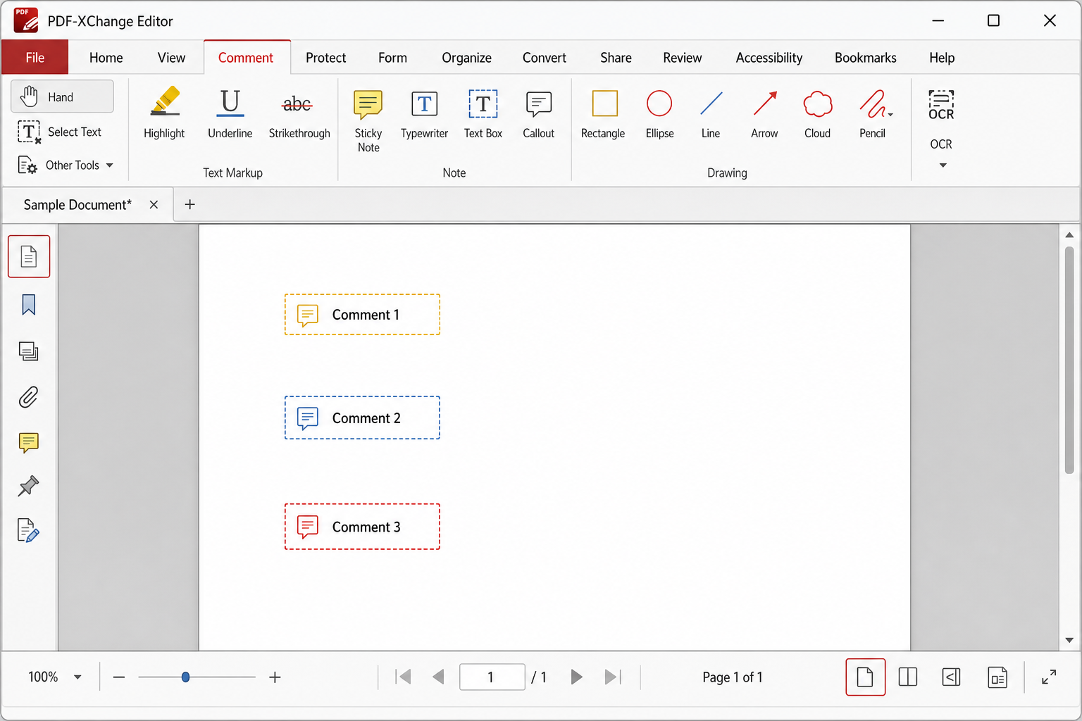 PDF-XChange Editor v10 showing an open PDF with the annotation toolbar active and OCR option visible in the top ribbon