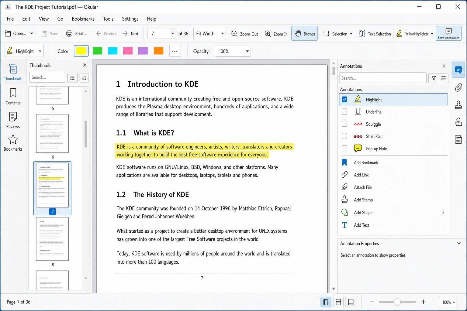Okular PDF viewer showing an open document with the annotation sidebar visible and highlight tool selected