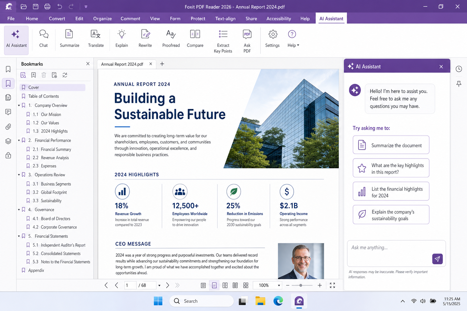 Foxit PDF Reader 2026 showing an open PDF with the AI Assistant panel open on the right side and the Tools tab visible in the ribbon