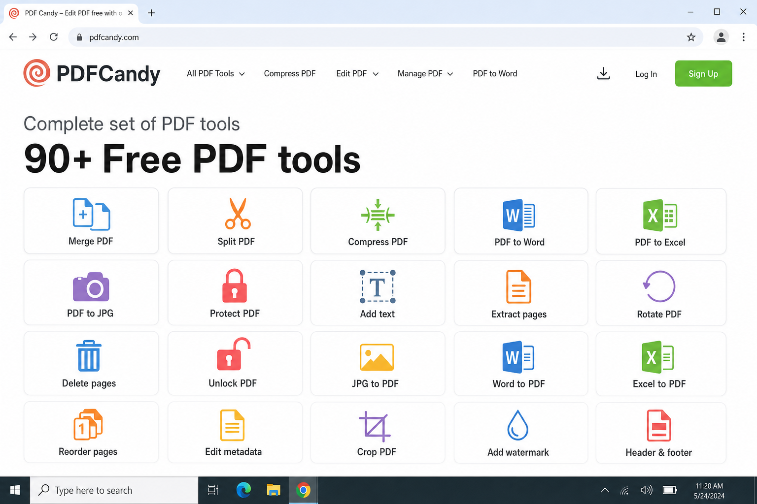 PDF Candy website homepage showing the grid of PDF tools including Merge PDF, Split PDF, Compress PDF, and PDF to Word options