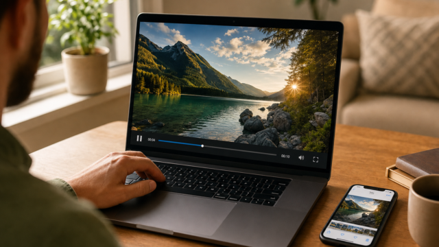 Person watching a nature video on a laptop showing a mountain lake at sunset, with a phone displaying the same scene beside it on the desk. - grab-or-capture-still-images-or-frames-from-a-video-or-dvd-featured