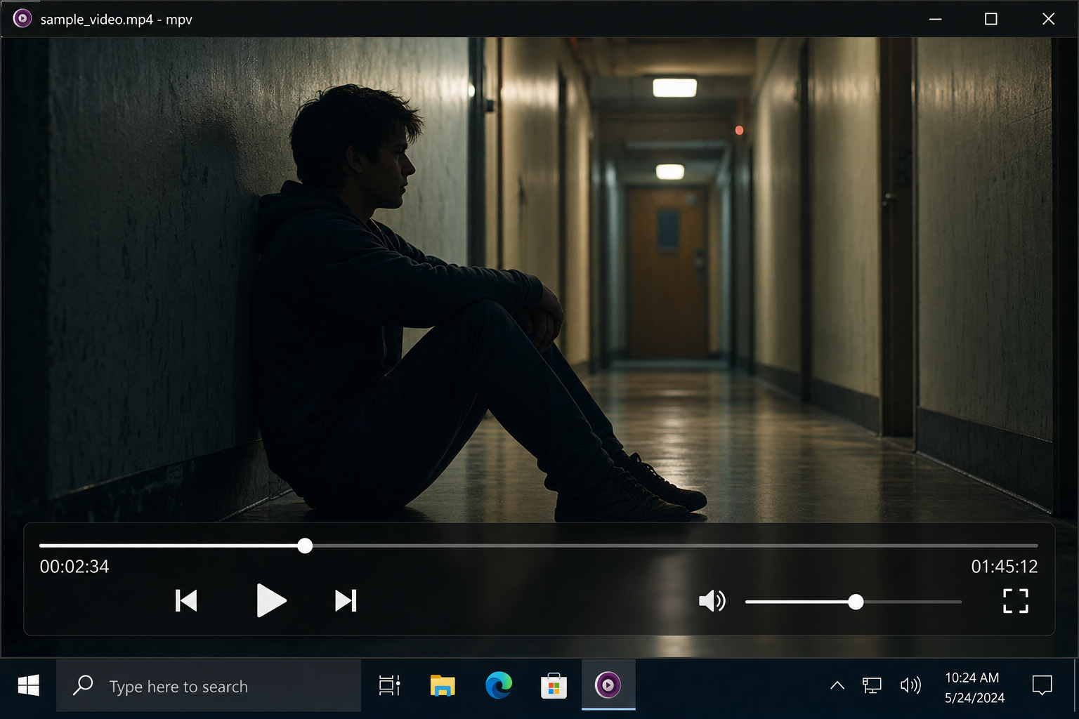MPV player paused on a video frame with on-screen controls visible