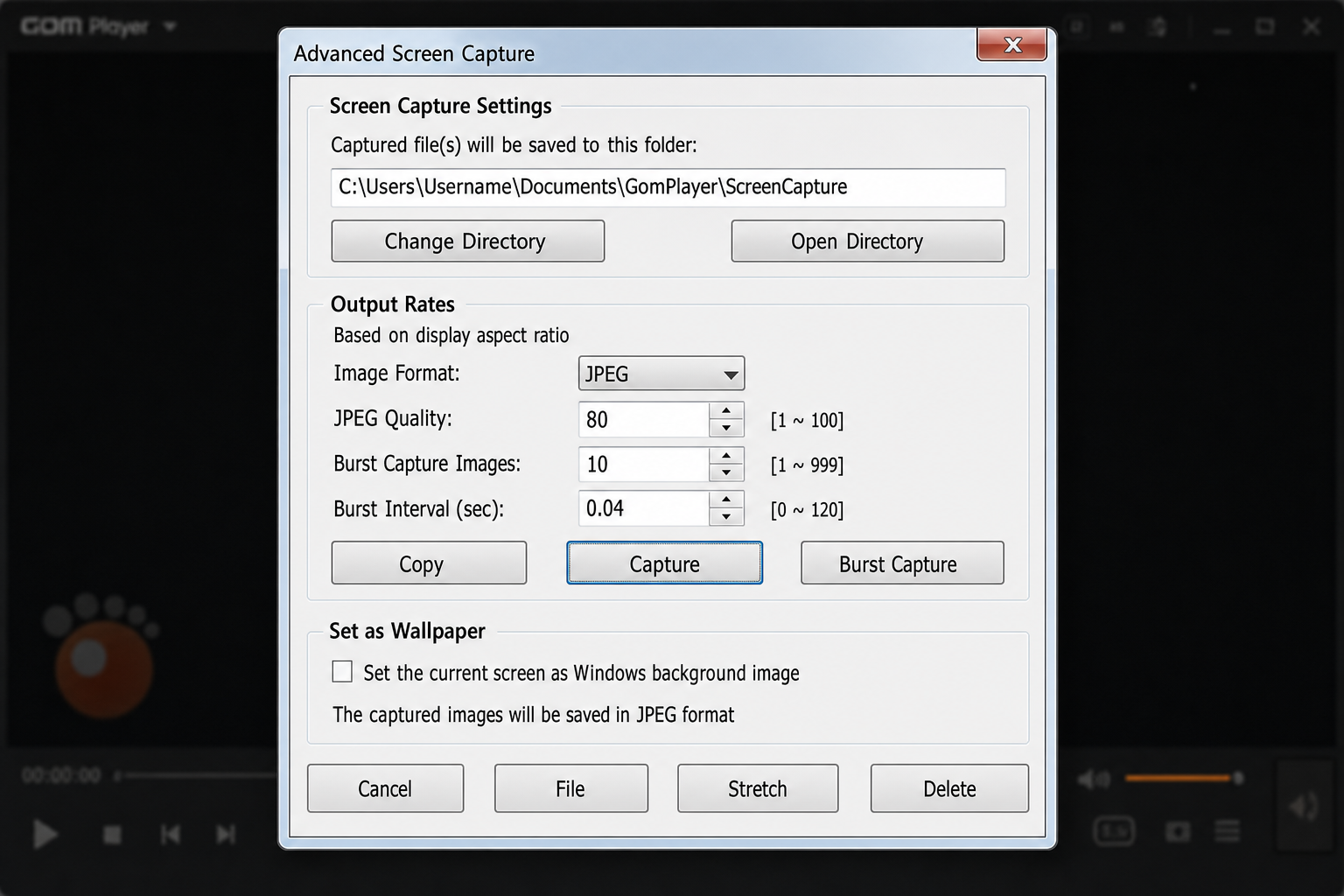 GOM Player Advanced Capture settings panel showing output folder, image format, burst capture count, and brightness controls
