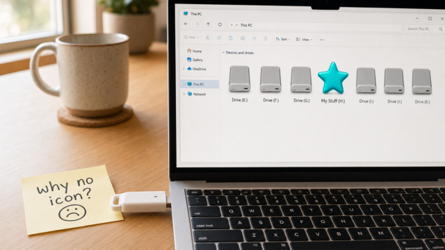 Laptop screen shows a Windows File Explorer window with multiple drive icons, including a highlighted 'My Stuff (H:)' drive; a USB flash drive is connected nearby. A sticky note on the desk reads 'Why no icon?' with a sad face. - how-to-create-custom-icons-for-flash-drives-or-usb-drives-featured