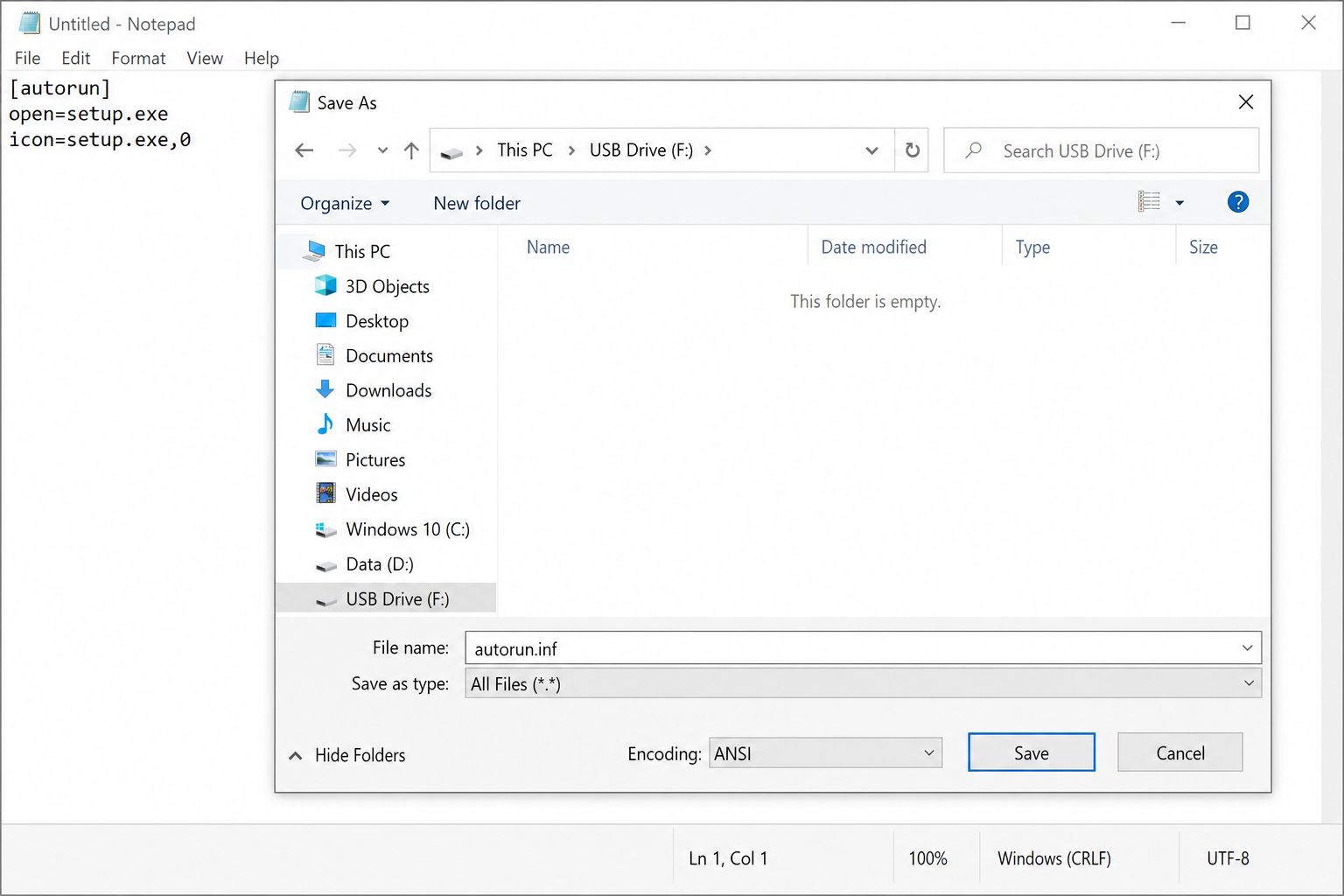 Notepad Save As dialog with "Save as type" set to All Files and filename set to autorun.inf, saving to a USB drive root directory