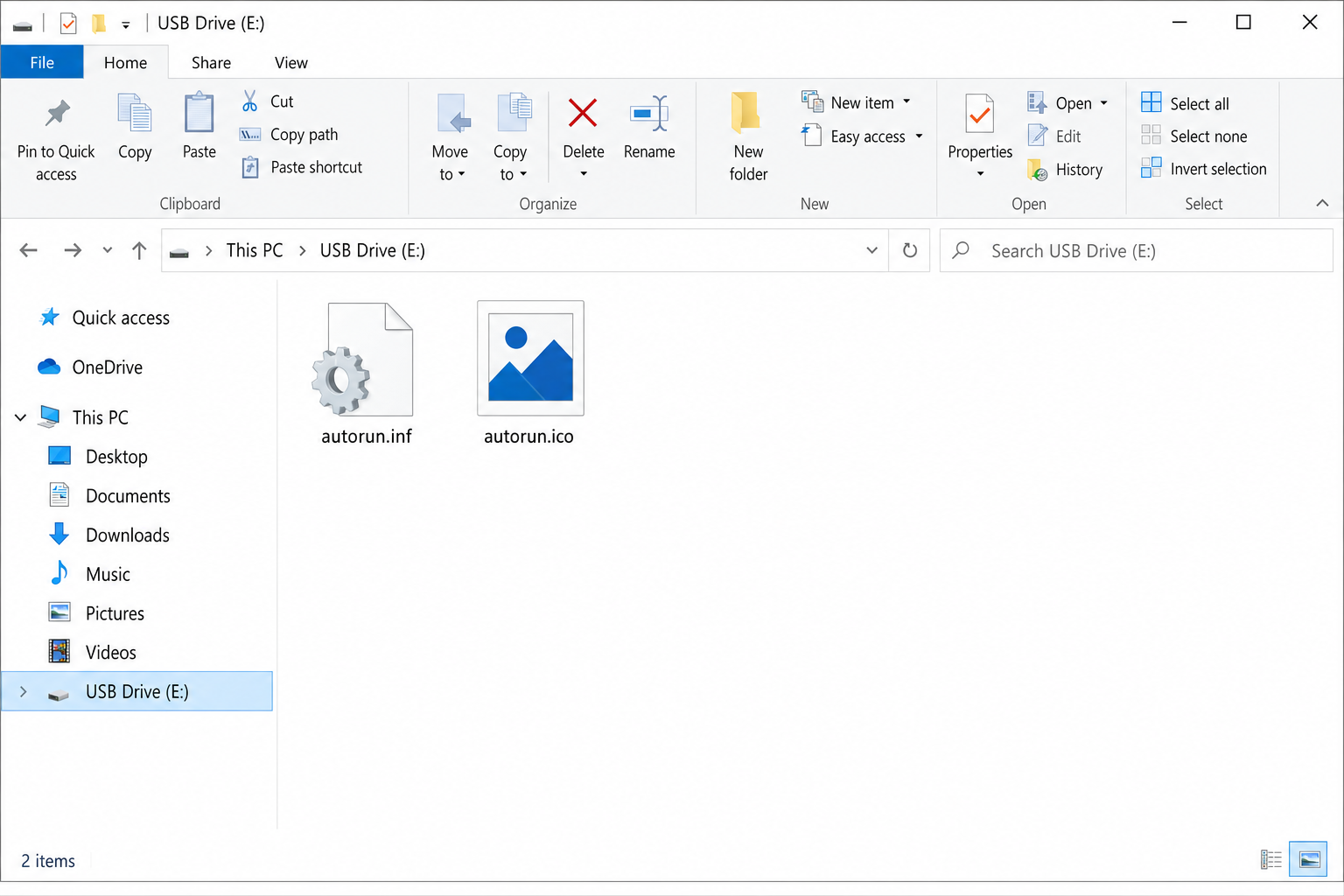 File Explorer showing the root of a USB drive with autorun.inf and autorun.ico files visible at the top level