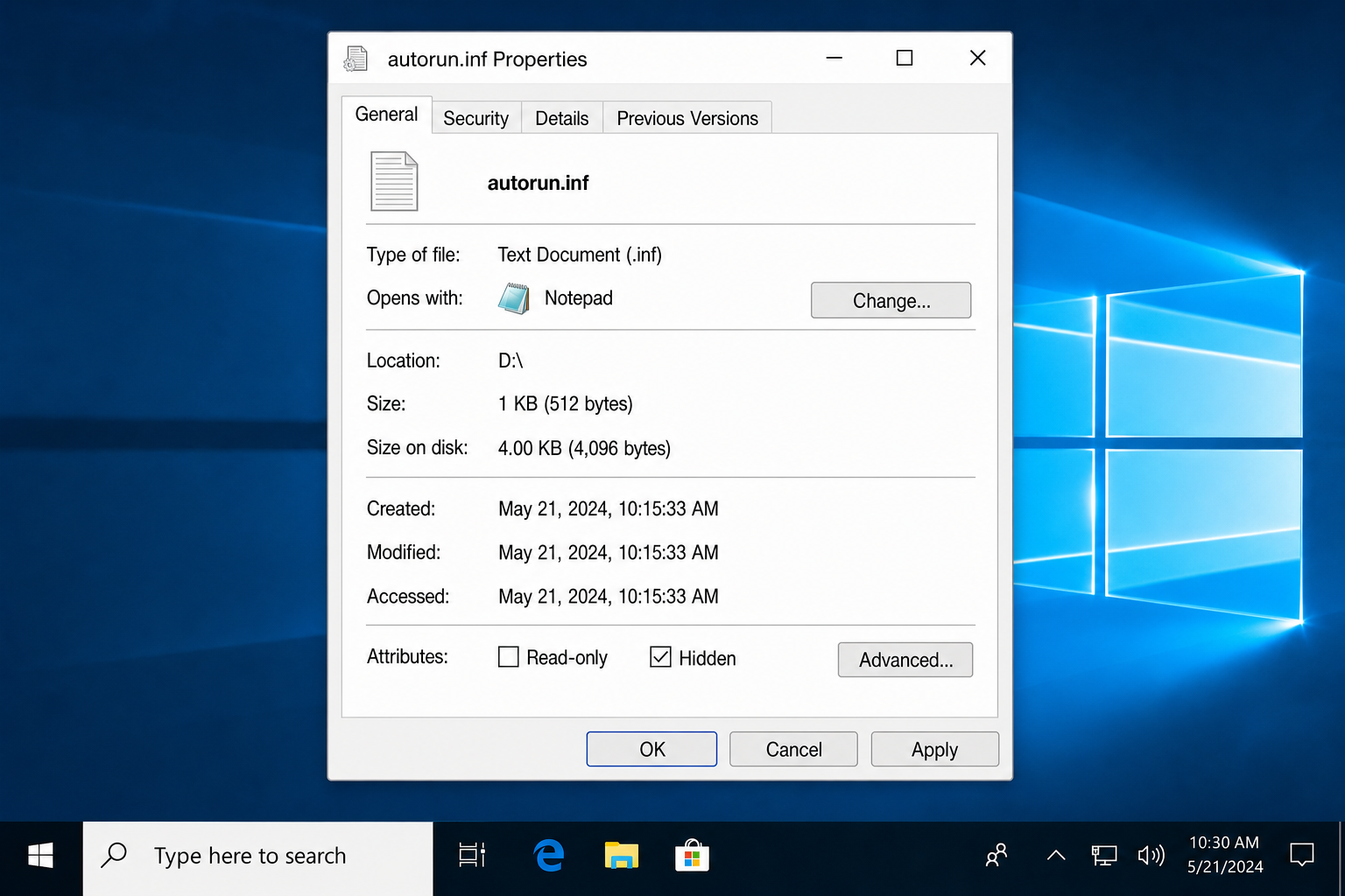 Windows file Properties dialog with the Hidden checkbox checked at the bottom of the General tab