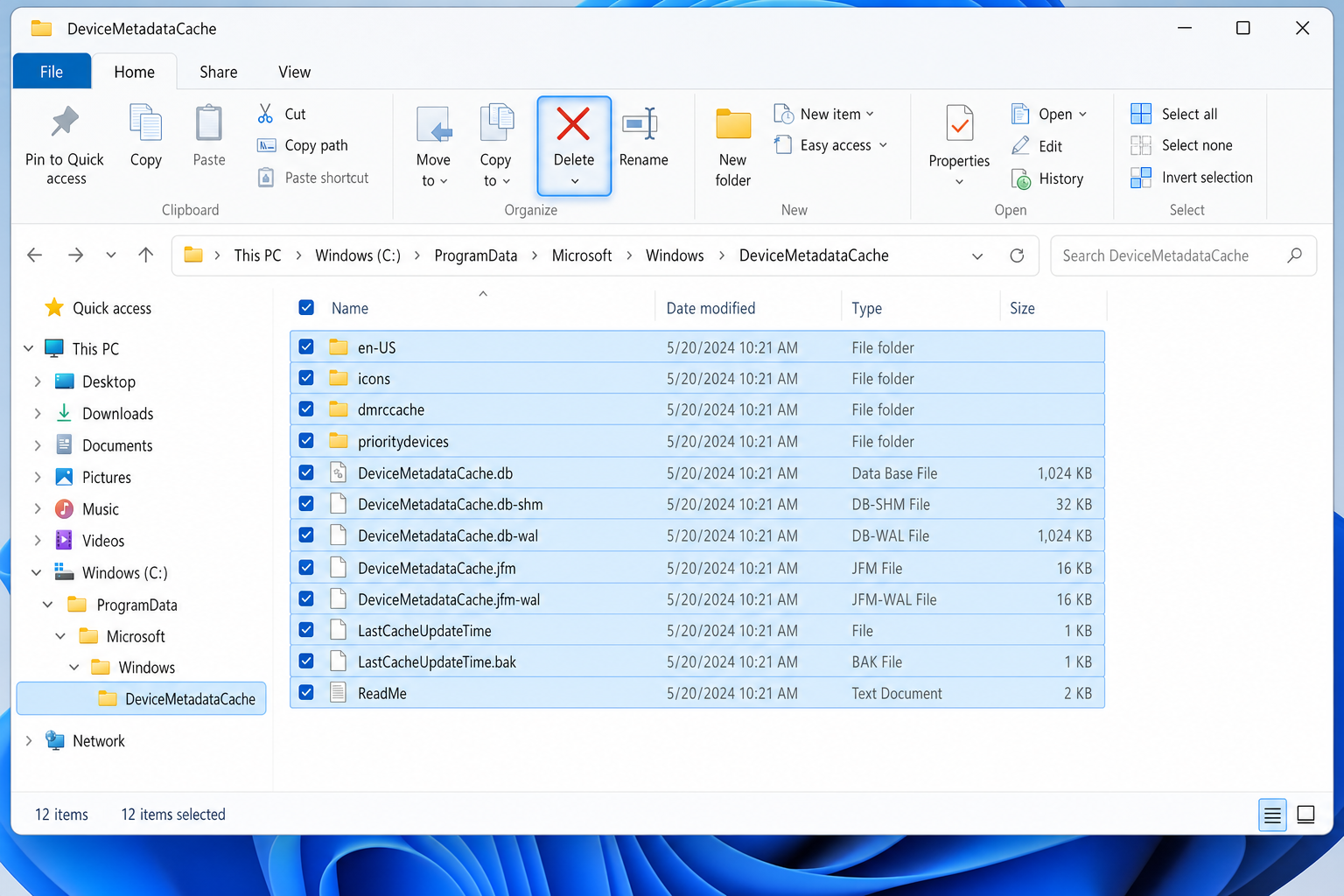 File Explorer showing the DeviceMetadataCache folder contents selected and ready to delete