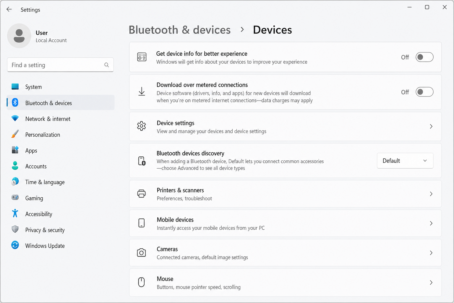 Windows 11 Settings > Bluetooth & devices > Devices page with the "Get device info for better experience" toggle turned off