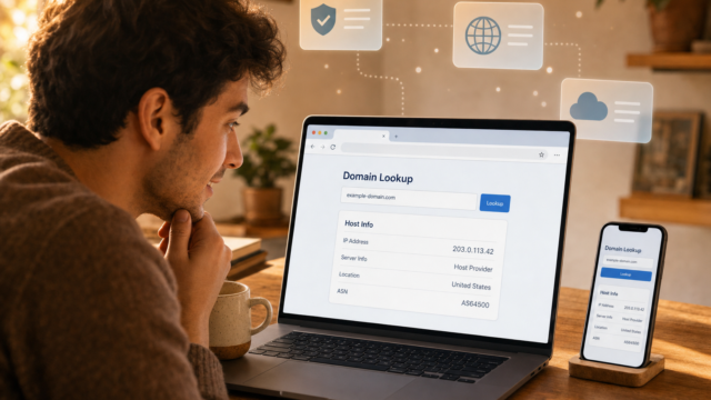 Person at a desk using a laptop and smartphone to perform a Domain Lookup, showing host info and IP details on screen. - how-to-find-out-who-hosts-a-web-site-web-hosting-company-featured