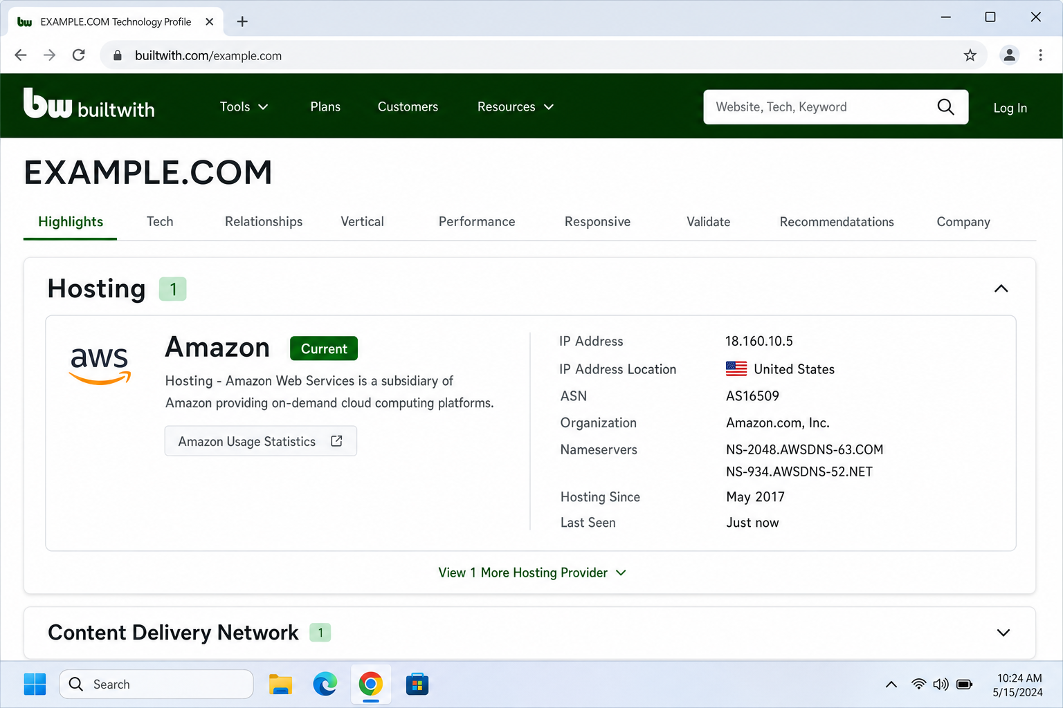 BuiltWith results page for a sample domain showing Hosting section with provider details