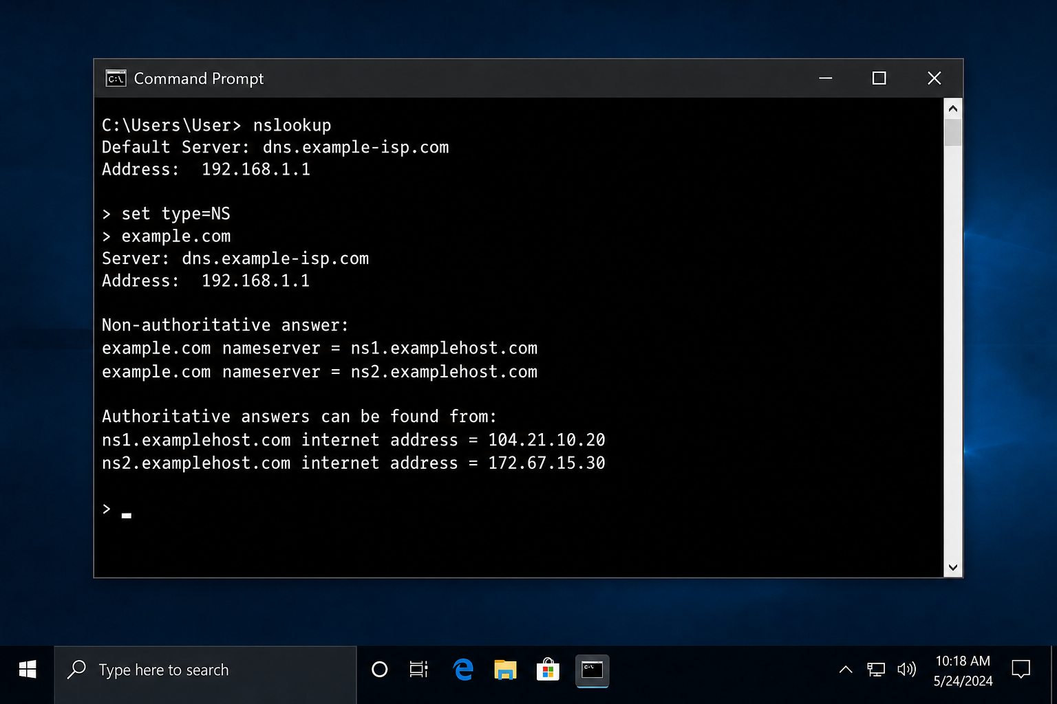 Windows Command Prompt showing nslookup -type=NS command with nameserver results for a sample domain