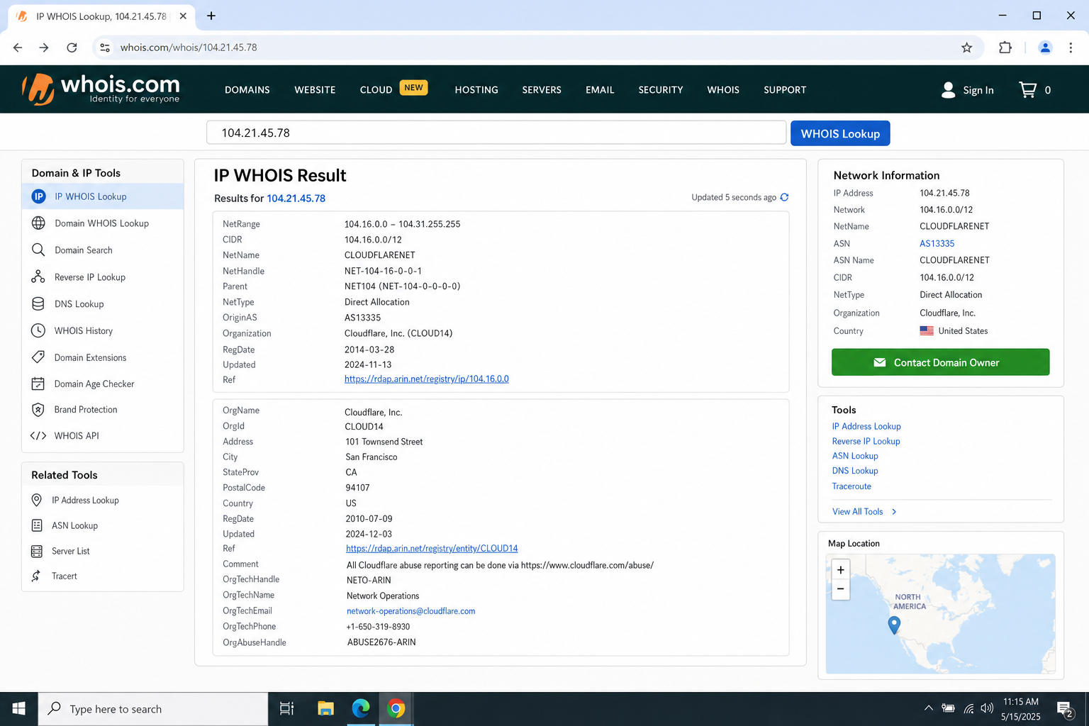 whois.com results page for an IP address lookup showing organization and hosting provider details