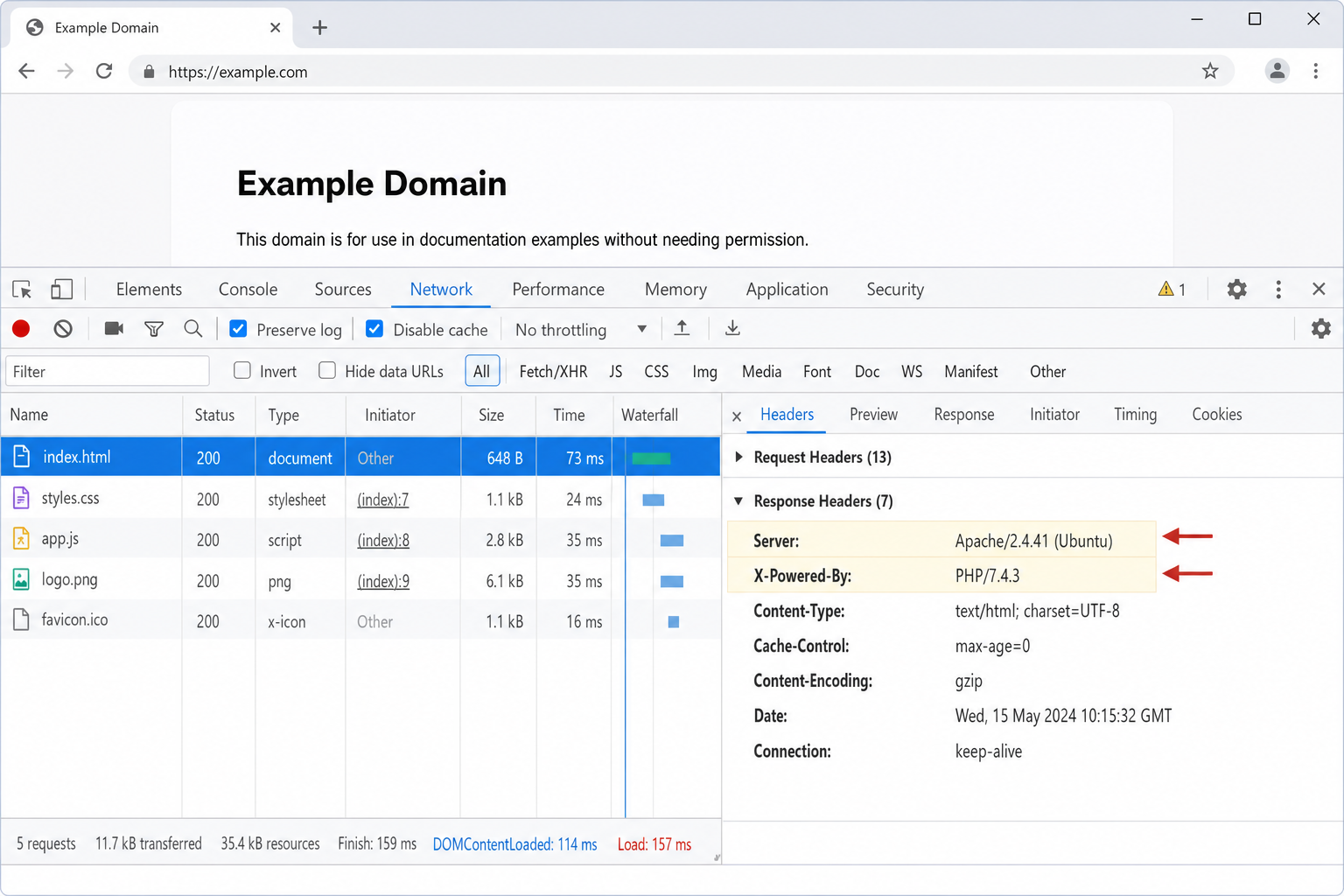 Chrome DevTools Network tab showing Response Headers for a website including Server and X-Powered-By fields