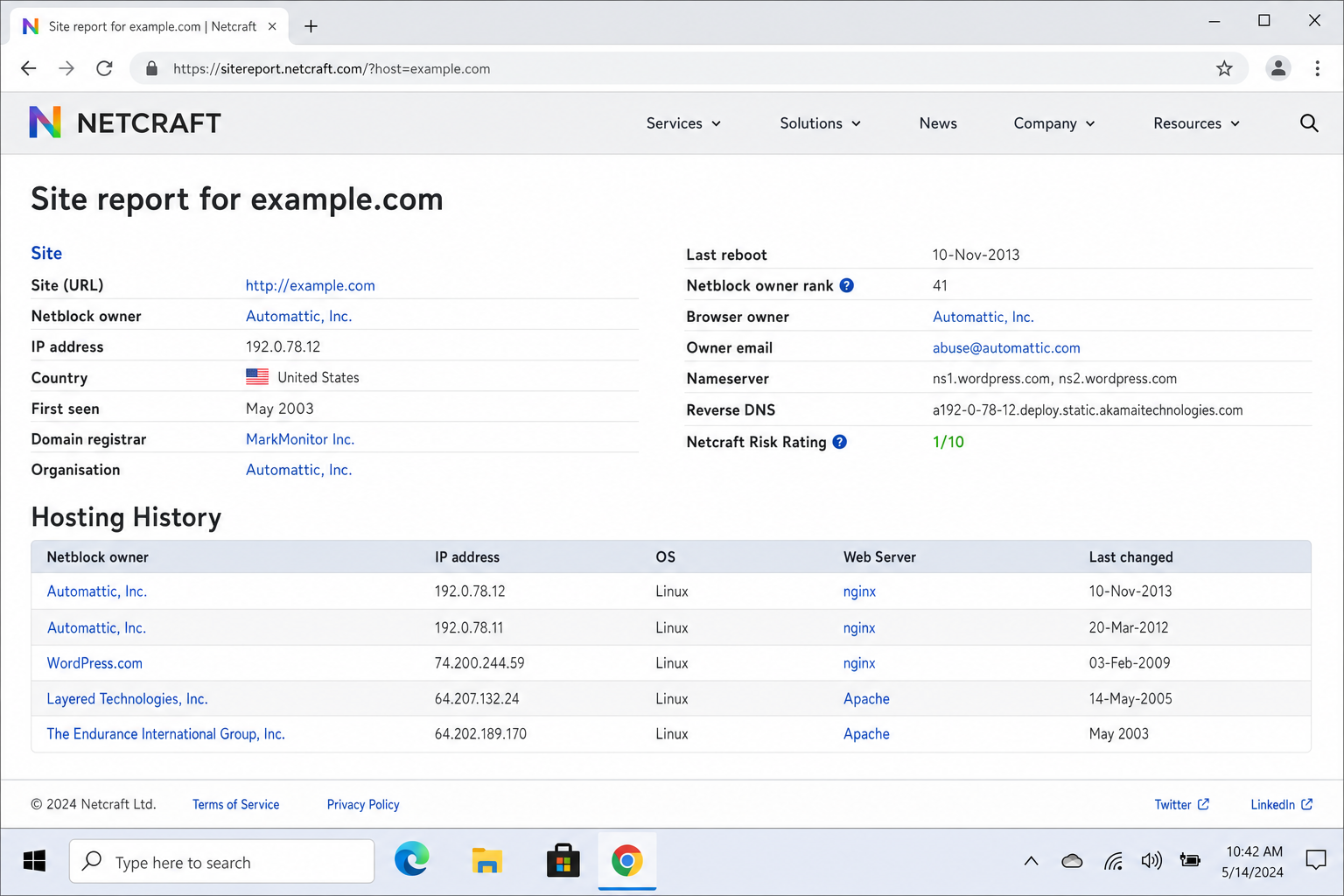 Netcraft Site Report results page showing hosting history and current hosting provider for a sample domain