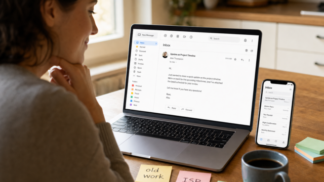 Person at a wooden desk checks email on a laptop; a smartphone shows messages, with sticky notes and a mug nearby. - how-to-move-or-transfer-email-accounts-from-one-isp-to-another-featured