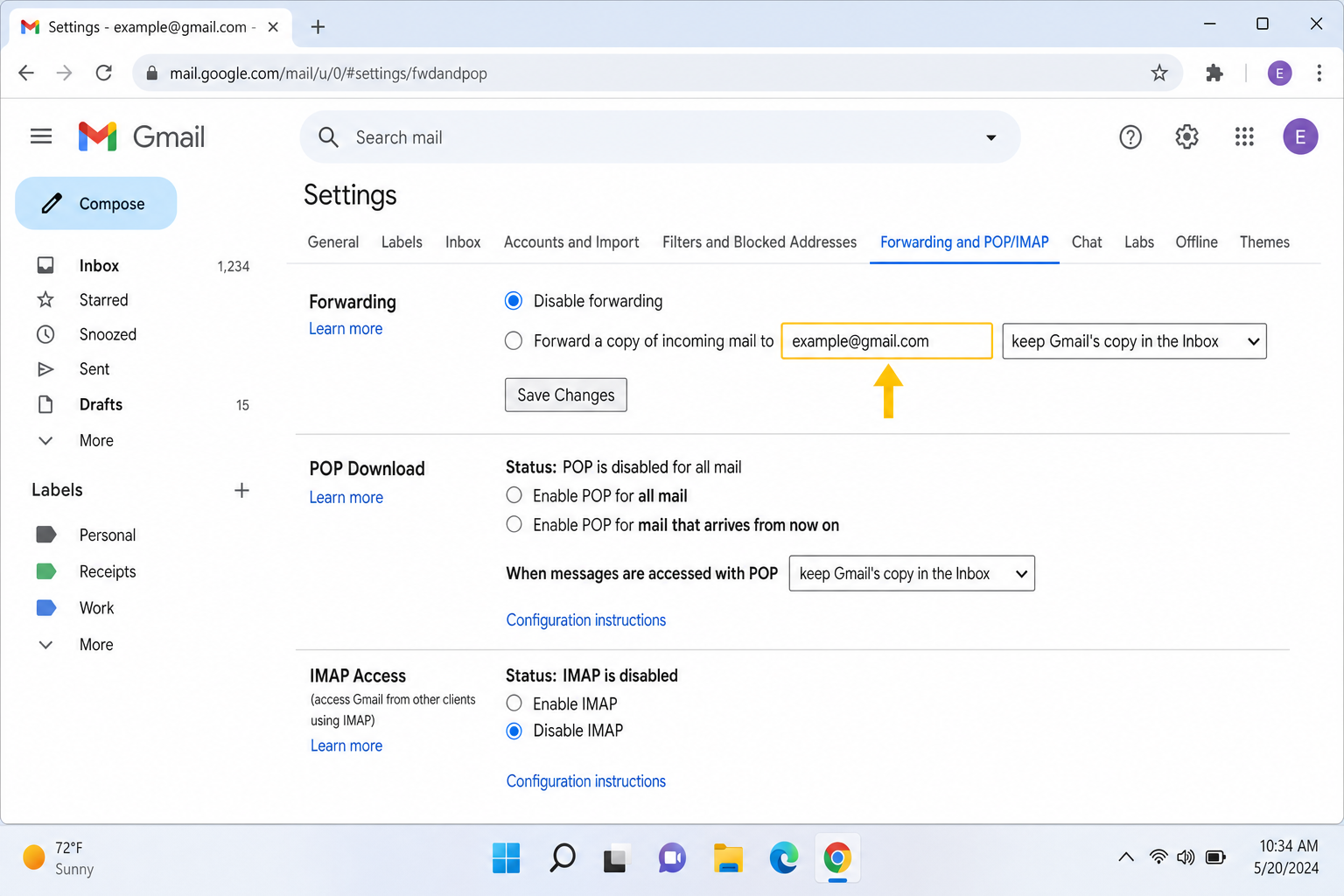Gmail forwarding settings screen with forwarding address field highlighted