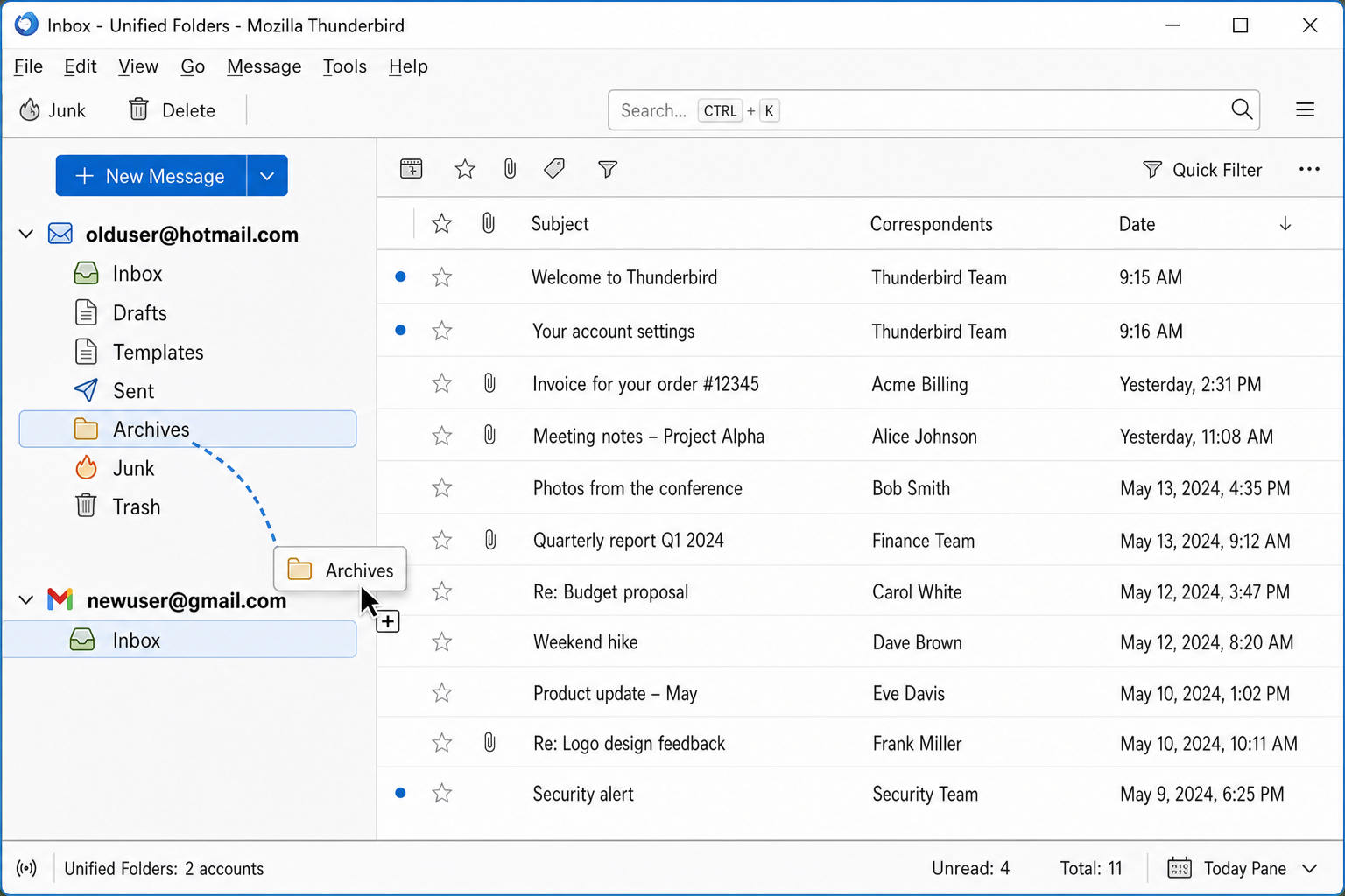 Thunderbird with two email accounts in the left sidebar, showing folder structure of old account being dragged into new account
