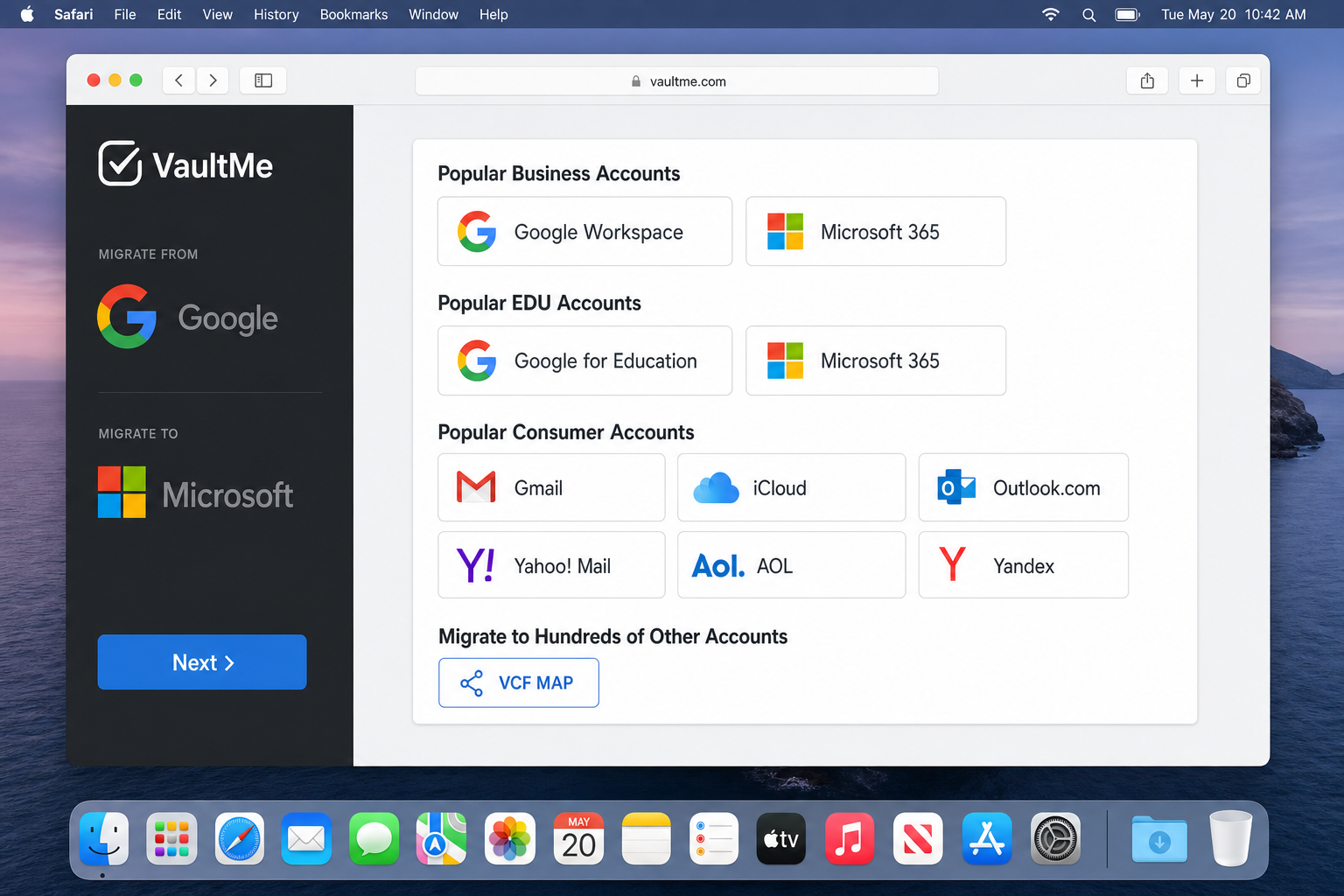 VaultMe migration tool homepage showing source and destination account selection interface