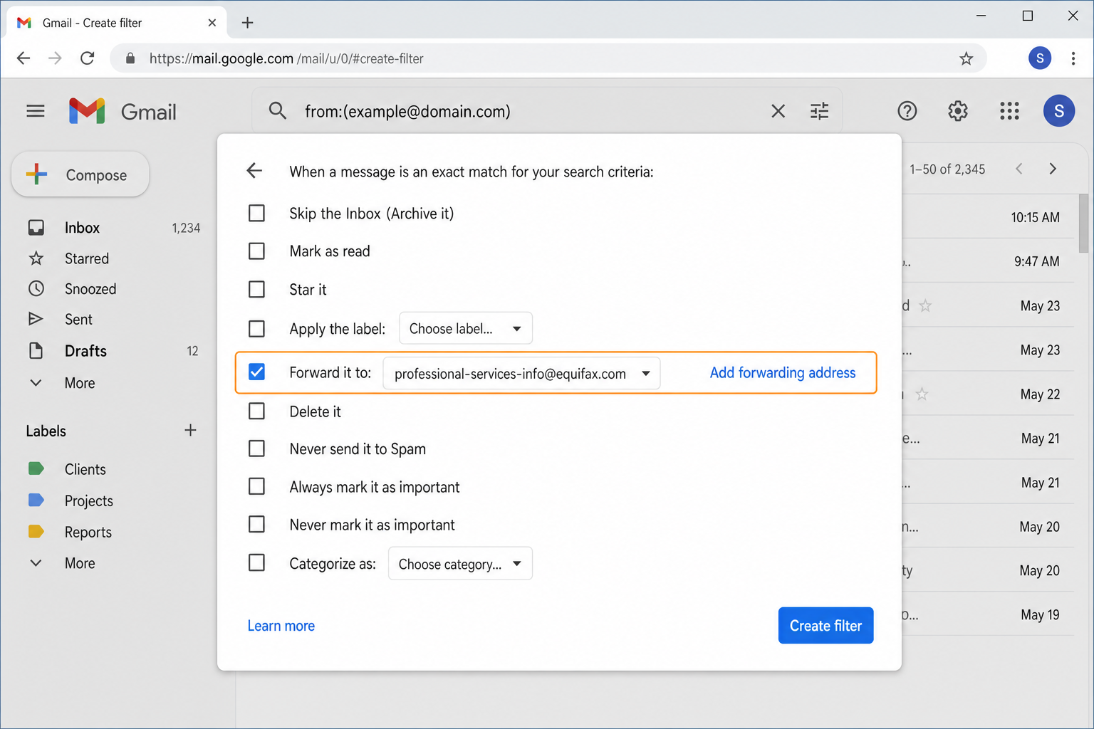 Gmail Create filter dialog with a forwarded email address in the To field and Apply the label option selected