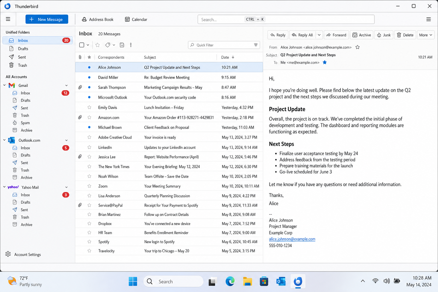 Desktop email client showing unified inbox with multiple account badges