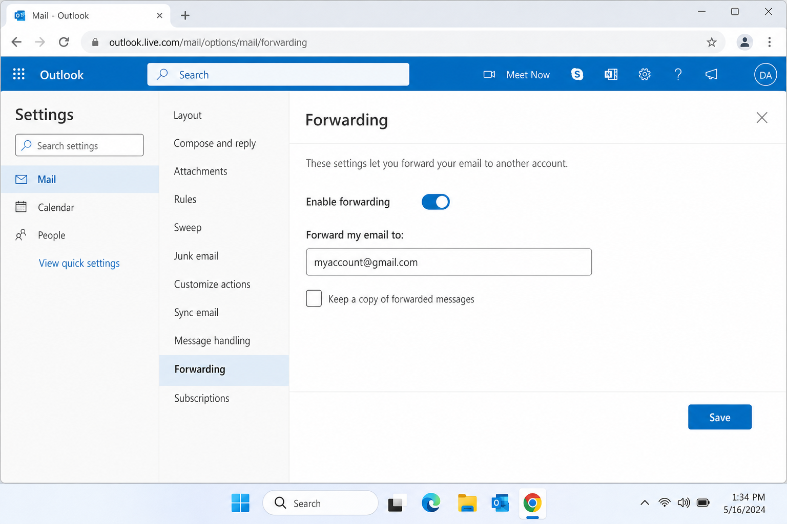 Outlook.com Settings > Mail > Forwarding page with Enable forwarding toggle turned on and destination address field filled in
